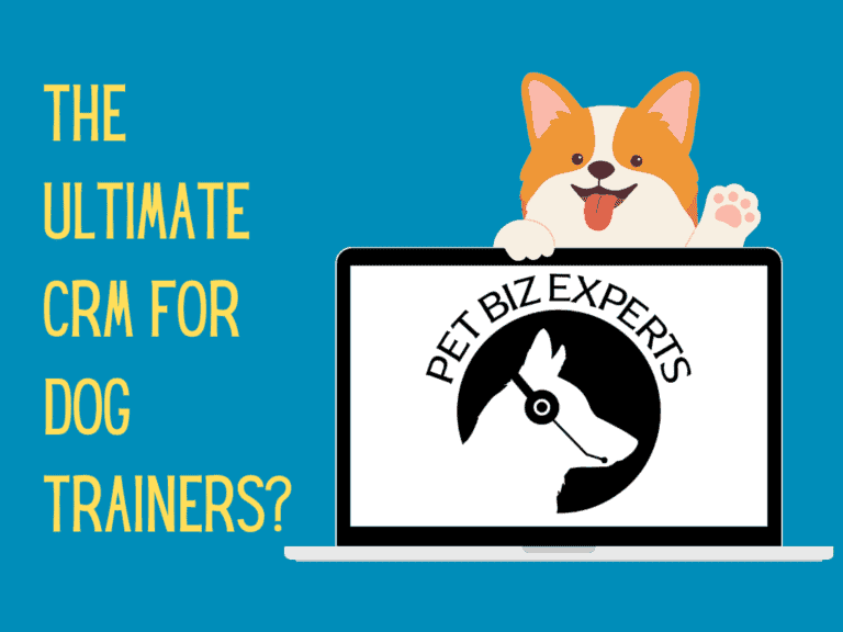 pet biz experts crm software for dog trainers logo on graphic laptop and cute graphic corgi