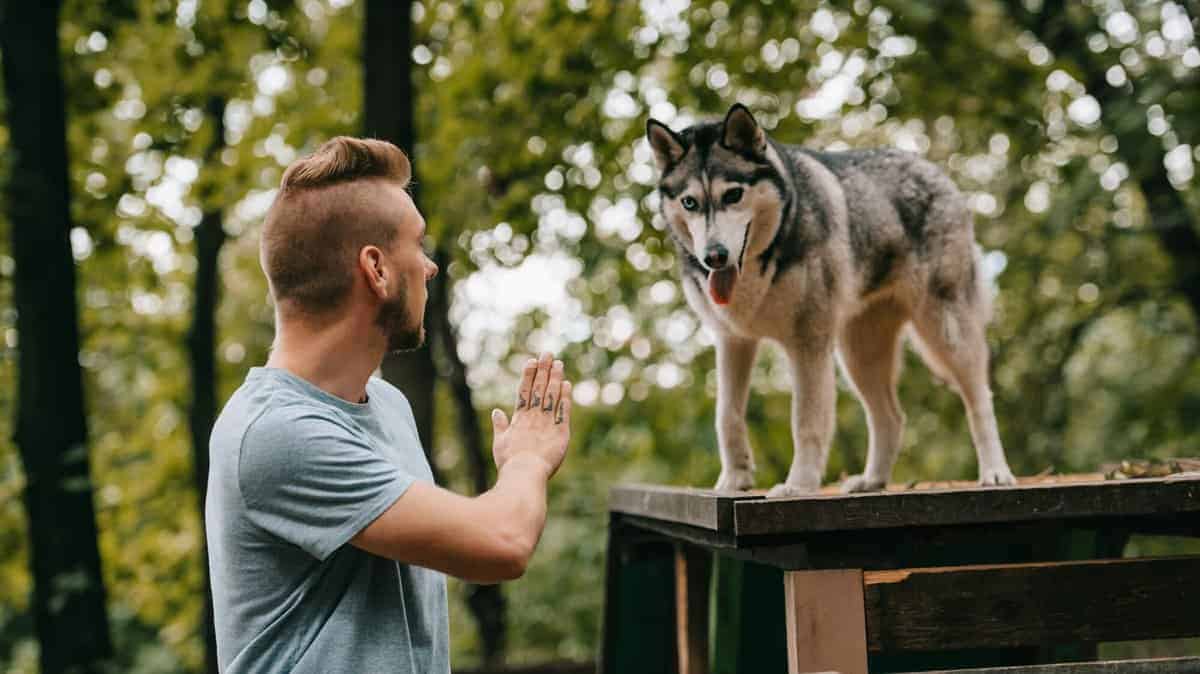 cynologist gesturing command to husky dog on obstacle