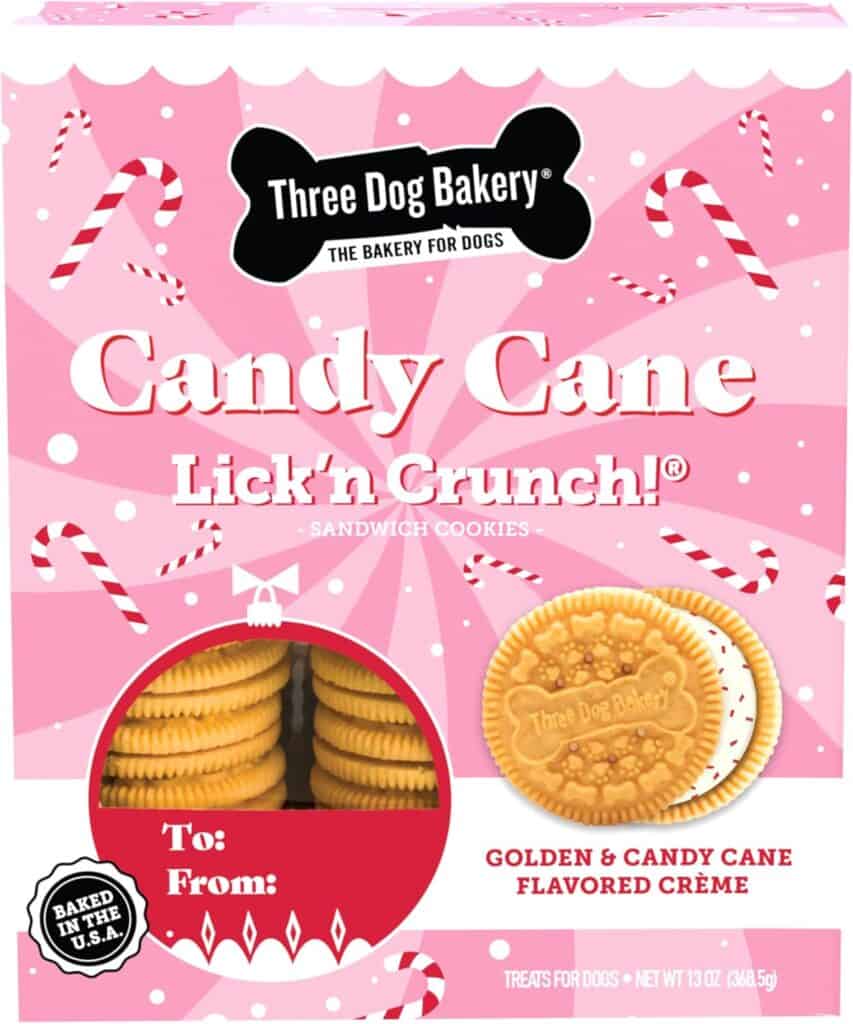 pink box of three dog bakery candy cane lick n crunch treats