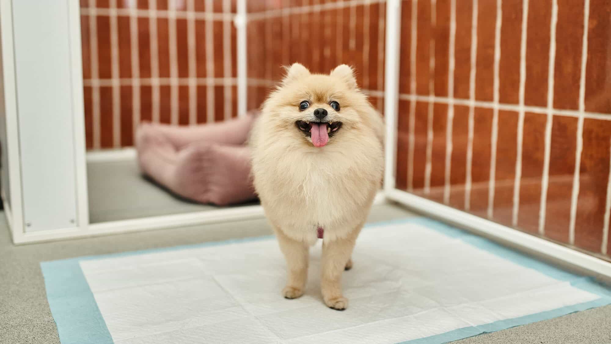 loveable pomeranian spitz standing on pee pad near comfortable kennel in pet hotel, cozy stay