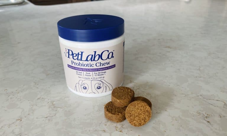 petlabco probiotic chews sitting next to tub on countertop