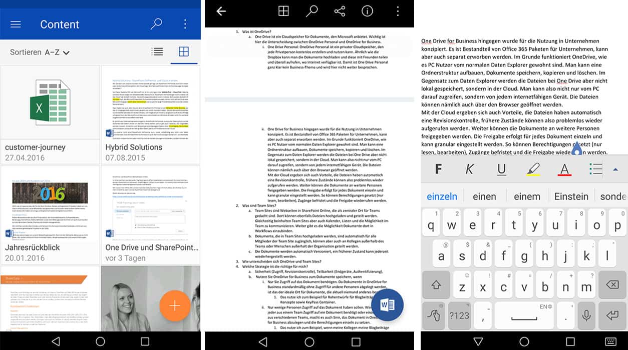 Zugriff auf OneDrive for Business über ein Smartphone. Das Dokument kann eingesehen und bearbeitet werden.
