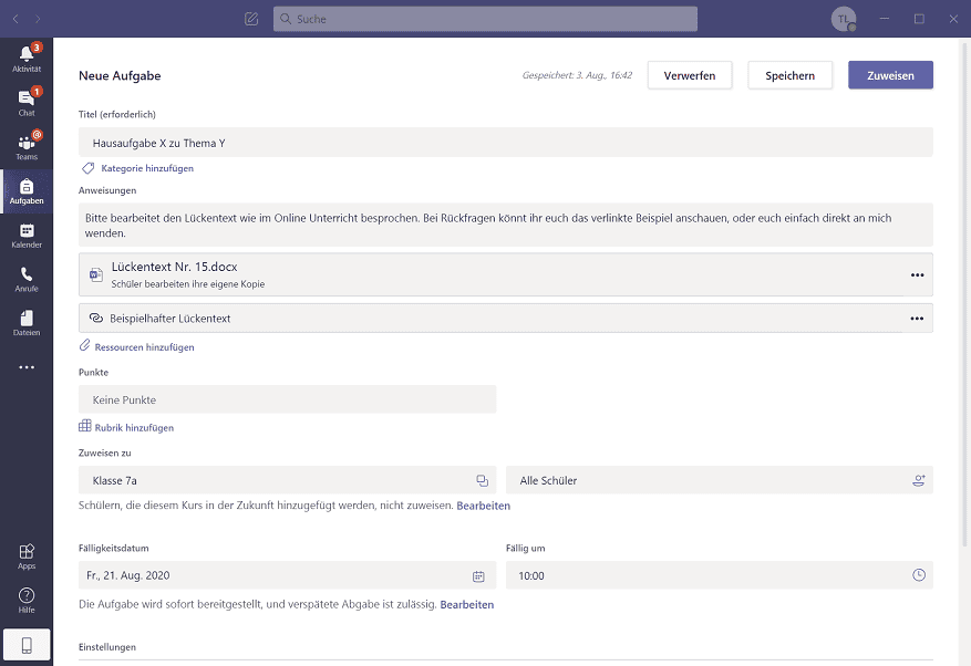 Neue Aufgabe Microsoft Teams Eduaction
