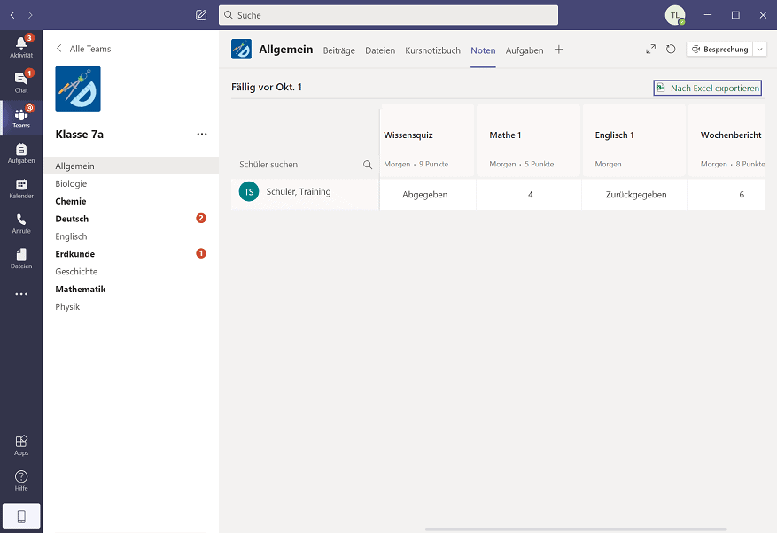 Notenübersicht Microsoft Teams Education