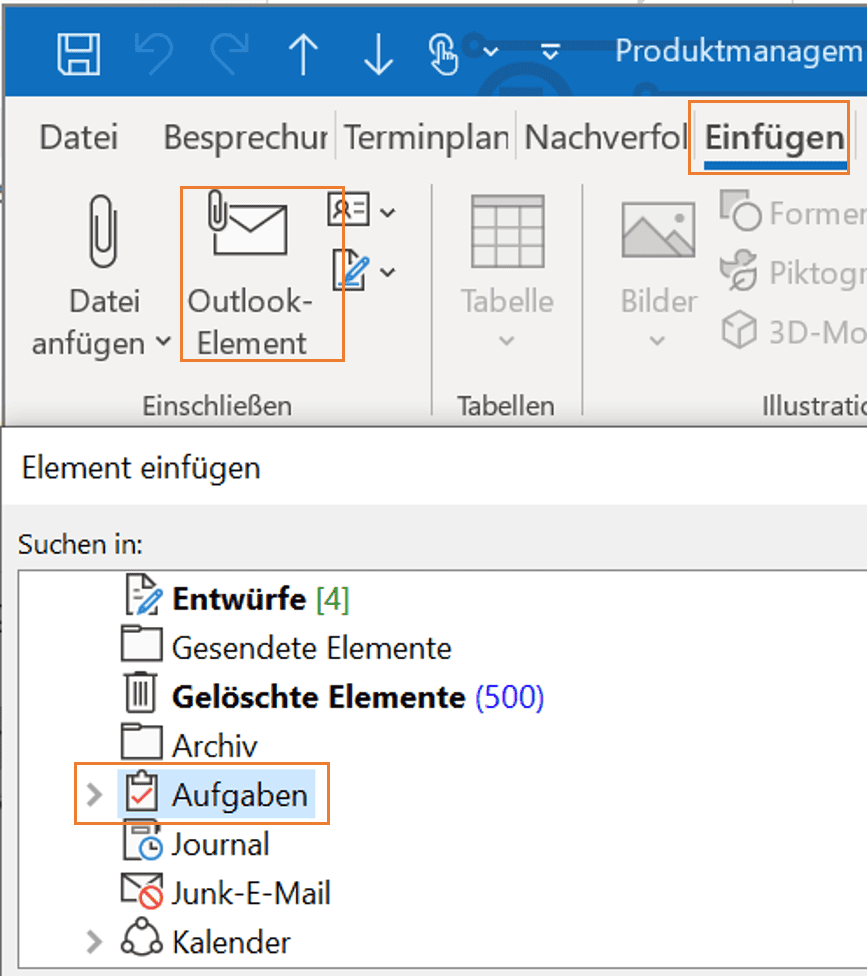 Bestehende Aufgabe in Outlook zu einem Termin hinzufügen
