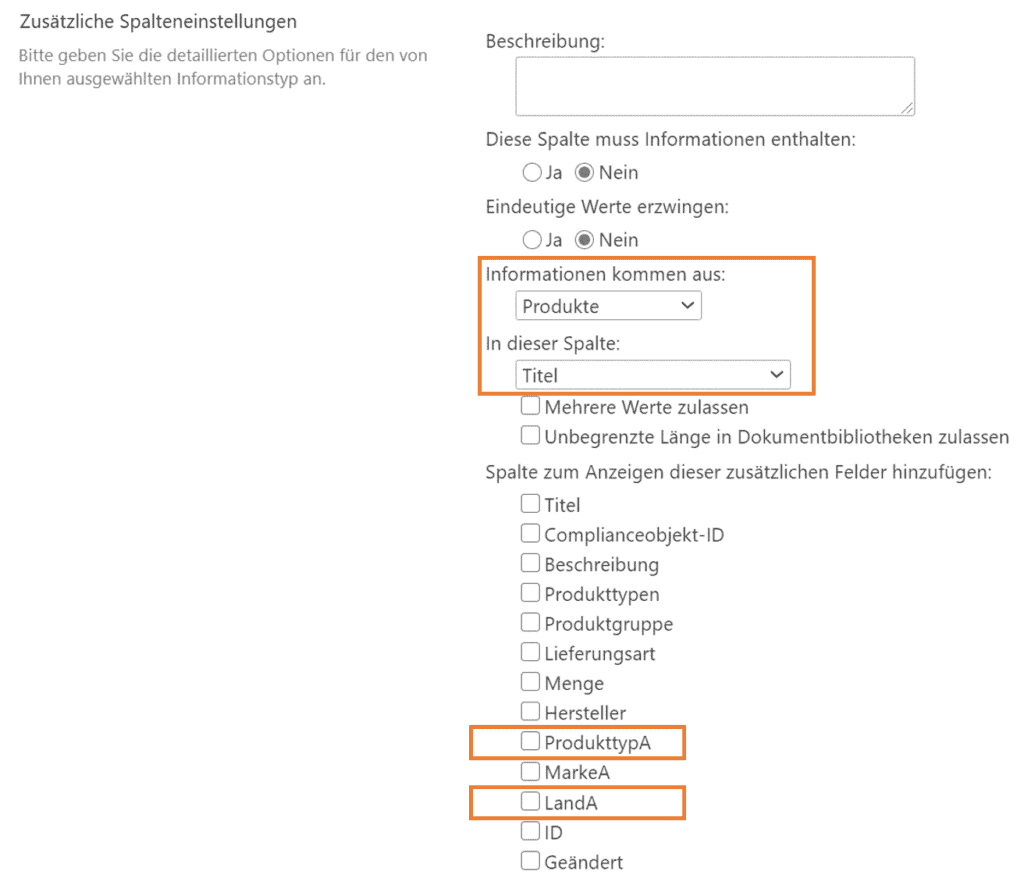 Zusätzliche Spalteneinstellungen SharePoint