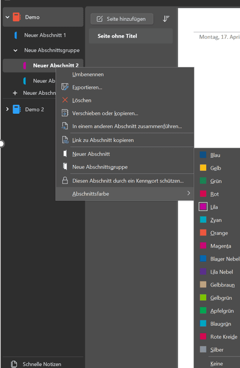 OneNote Abschnittsfarbe festlegen