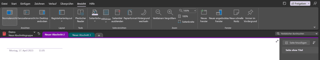 Horizontale Registerkarten OneNote
