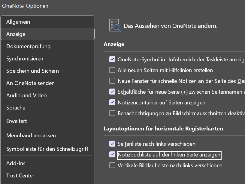 OneNote Anzeige Optionen