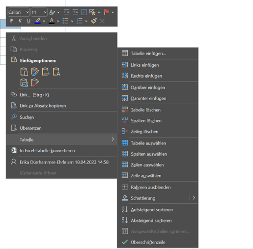 OneNote Tabellenoptionen Kontextmenü