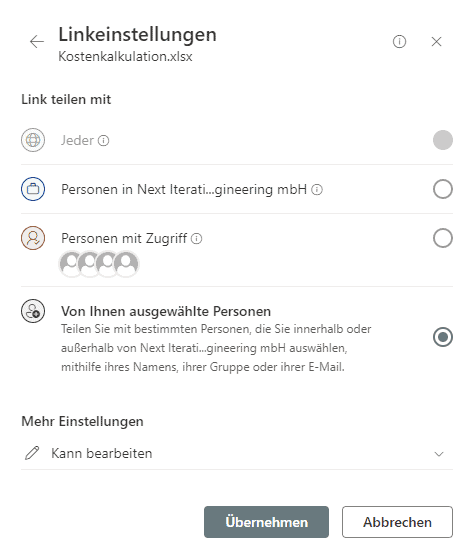 Linkeinstellungen Teilen Funktion Microsoft 365