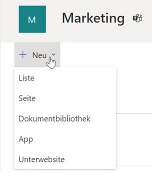 SharePoint neue Websiteinhalte hinzufügen