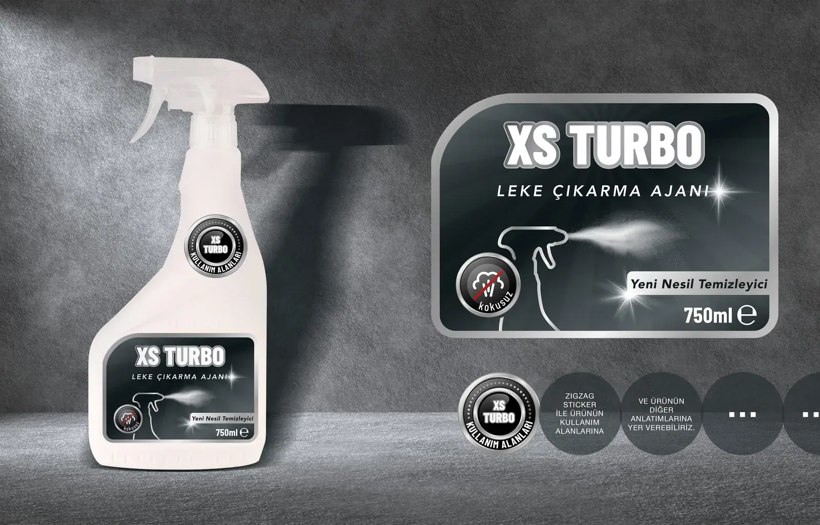 XS Turbo leke &ccedil;ıkarıcı şişesi ve etiket tasarımı