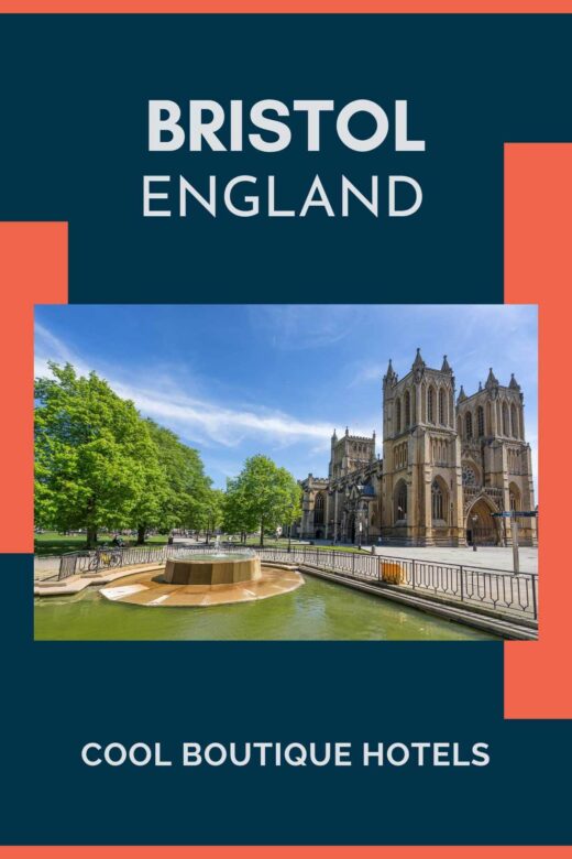 Historic old town Bristol with cathedral and fountain.