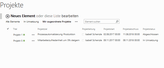 Filterung aller Projekte mit dynamischen Filter auf Projektleitung - Angemeldeter Anwender sieht ihm zugeordnete Projekte