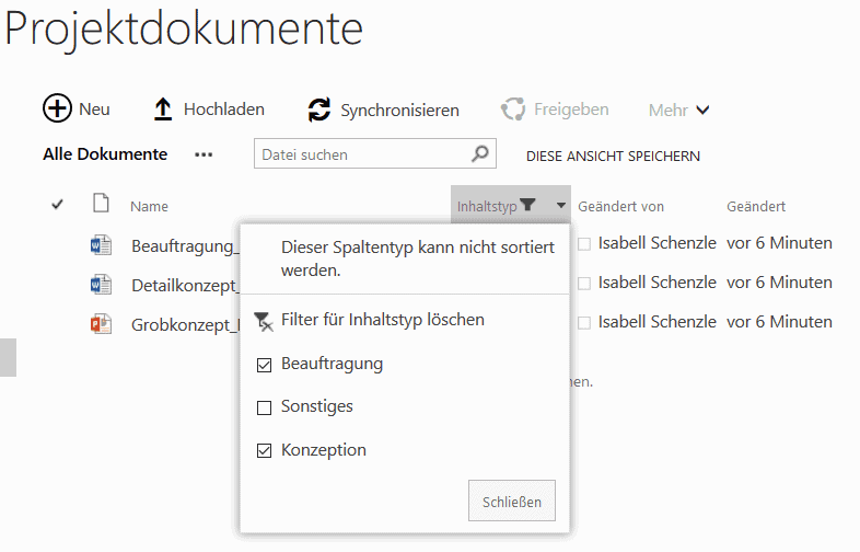 In SharePoint nach Inhaltstypen filtern