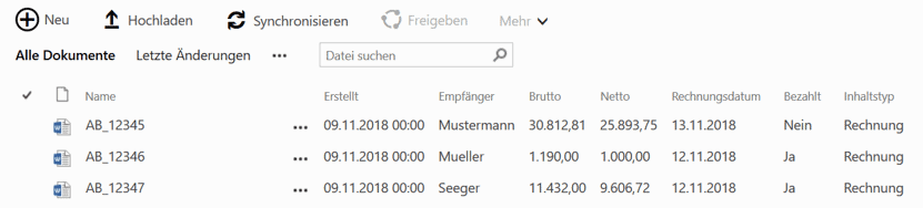 Logische Strukturierung der Rechnungsdockumente über Inhaltsypen