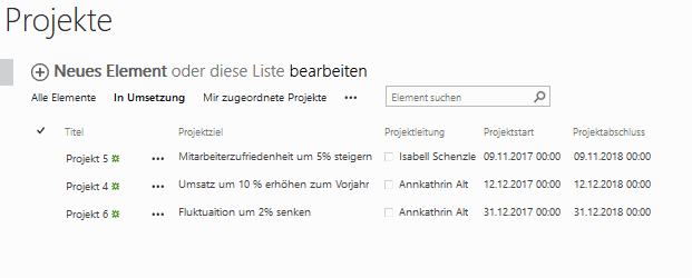 Filterung des Projektstatus auf Projekte, die aktuell "In Umsetzung" sind mit Sortierung nach Projektabschluss