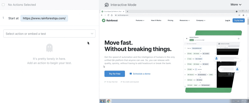 Rainforest QA: No-code, interactive mode