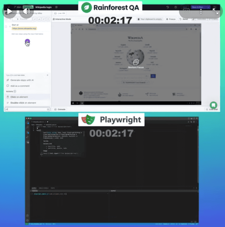 Video comparison of an E2E test being written in Rainforest QA vs. Playwright