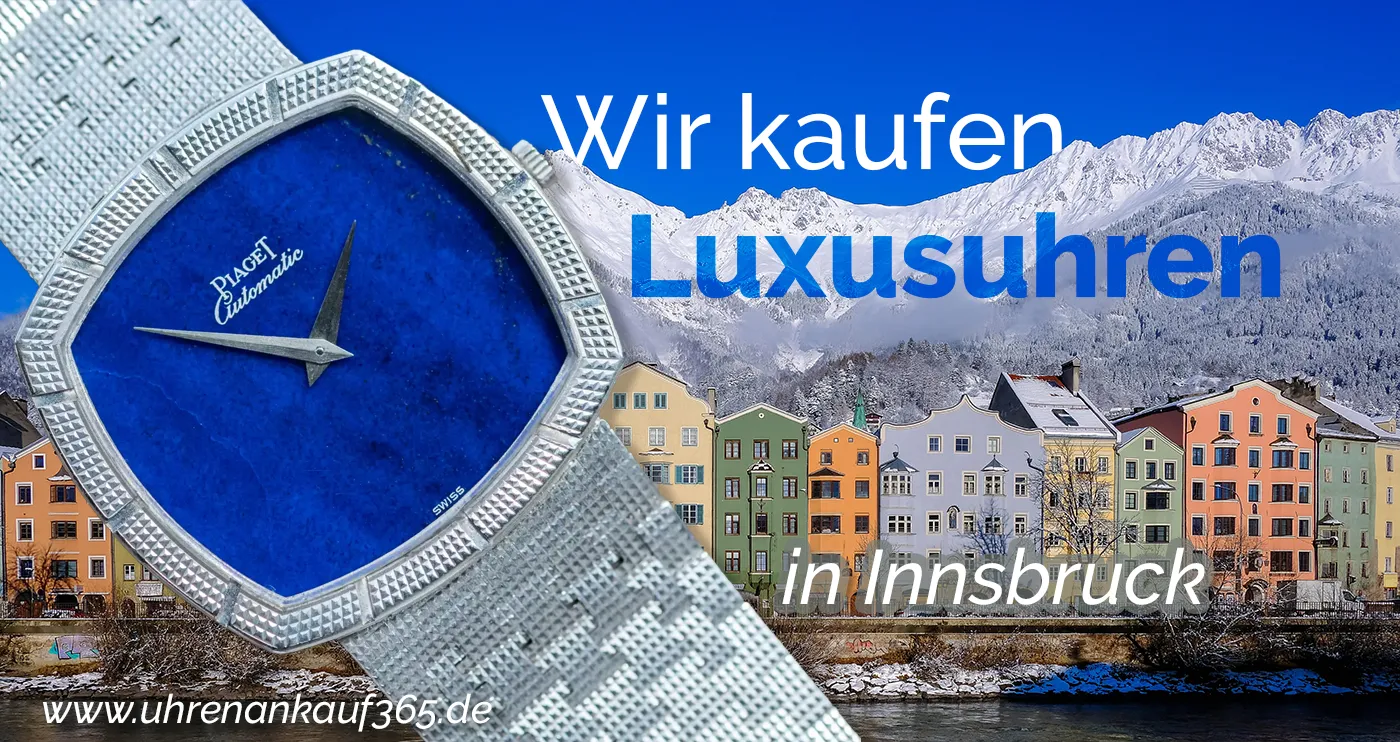 Das Foto zeigt Berge und Häuser in Innsbruck sowie den Schriftzug Wir kaufen Luxusuhren in Innsbruck.