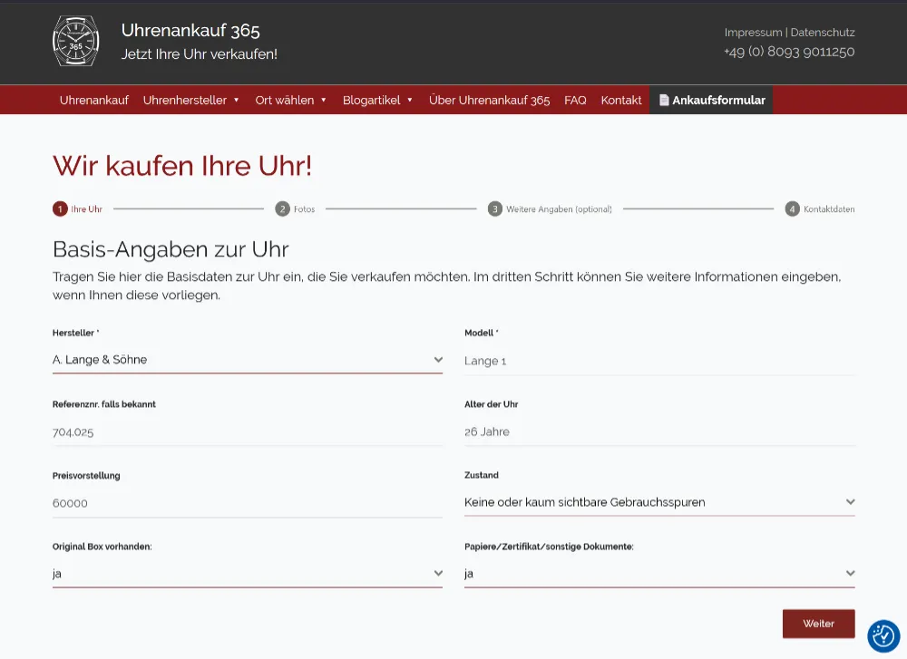 Die Abbildung zeigt einen Screenshot des Ankaufsformulars für Luxusuhren