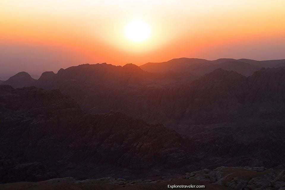 The sun setting among the mountains of Petra