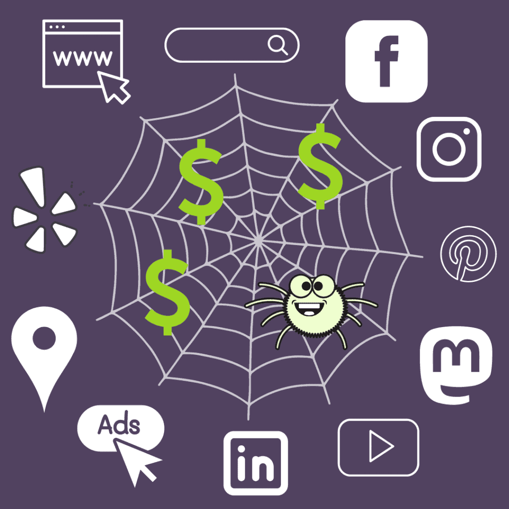 Graphic: A happy spider captures dollar signs in its web; each radius thread anchors into an online or social media icon.