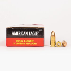 9mm 115 gr Federal American Eagle AE9DP Ammo Box Side with Rounds