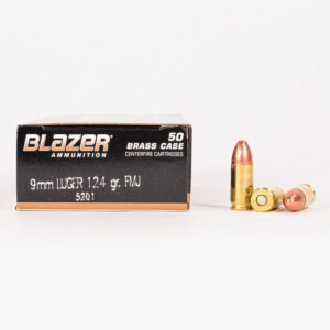 9mm Luger 124gr FMJ CCI Blazer Brass 5201 Ammo Box Side with Rounds