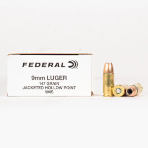 9mm Luger 147gr JHP Federal White Box 9MS Ammo Box Side with Rounds