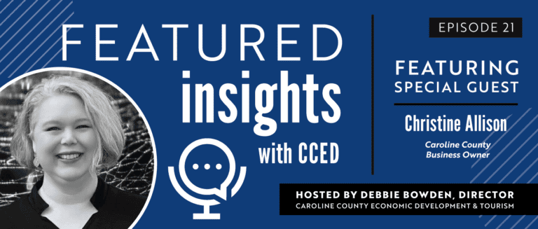 Featured Insights with CCED Episode 21 with guest Christy Allison of Webbed Presence (b/w headshot of Christy on blue background, Mic & Speaker icon logo of the podcast in white.)