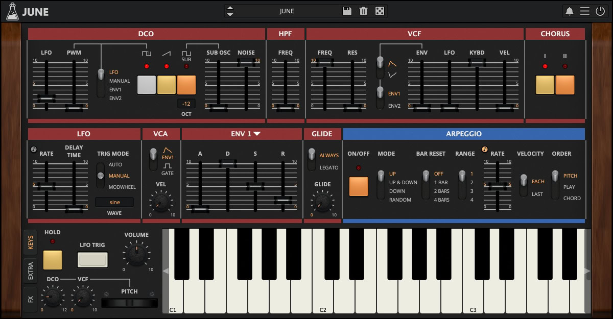 JUNE, JUNO-60 Emulation, Vintage Analog Polyphonic Synth Plugin - VST2, VST3, AU, AAX, CLAP, Standalone