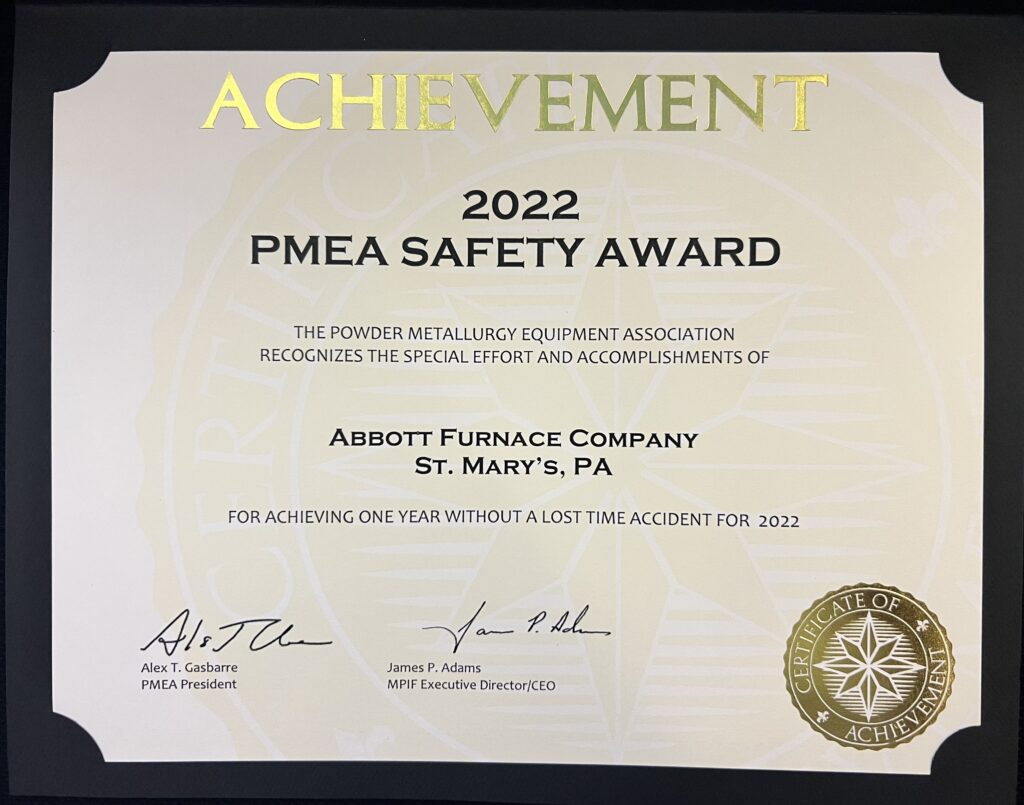 Abbott Furnace PoderMet2023, 2022 PMEA Safety Award, Powder Metal Sintering, Metal Additive Manufacturing