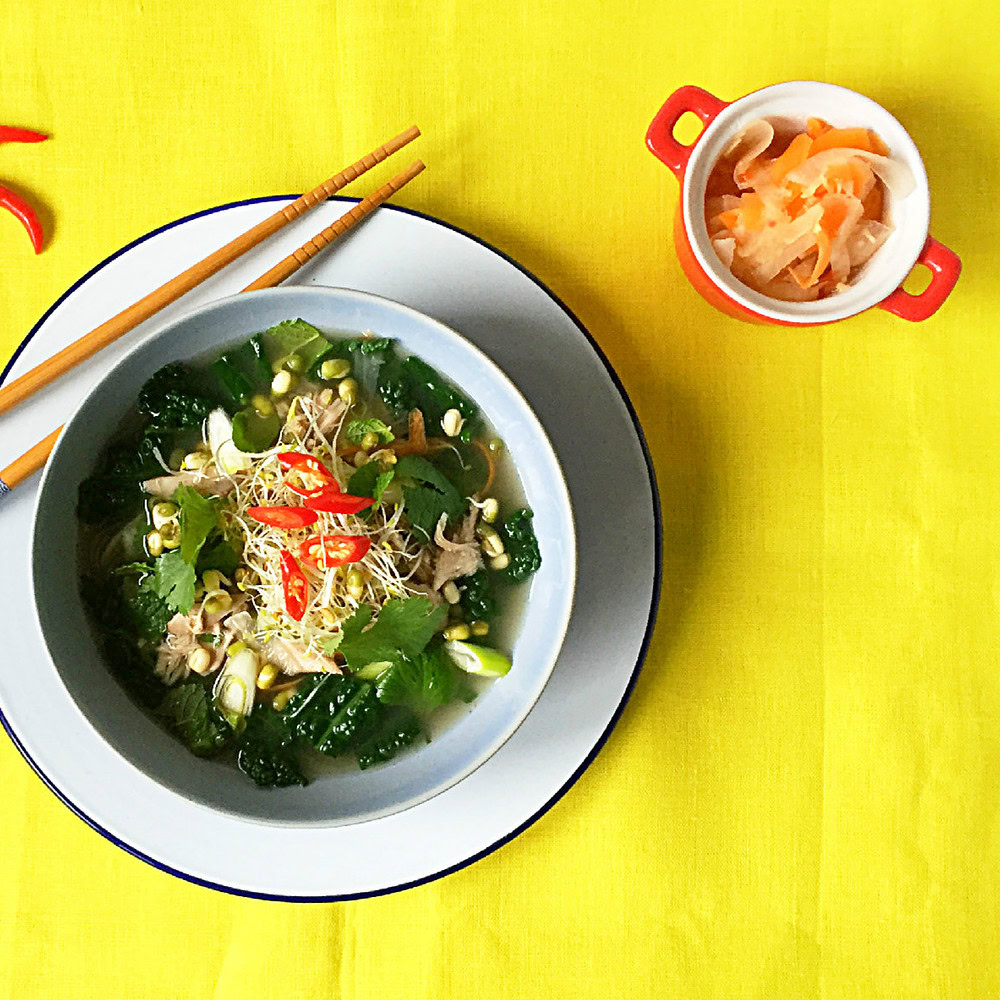 Chicken broth pho with homemade kimchi