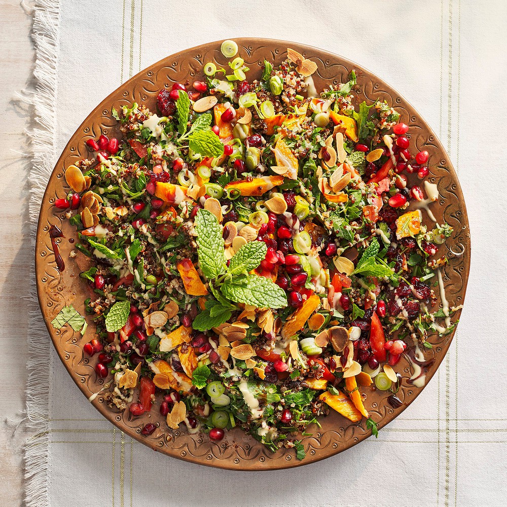 White &amp; Red Quinoa with Roasted Sweet Potato, Almonds, Cranberries and a Raw Tahini &amp; Grape Molasses Drizzle