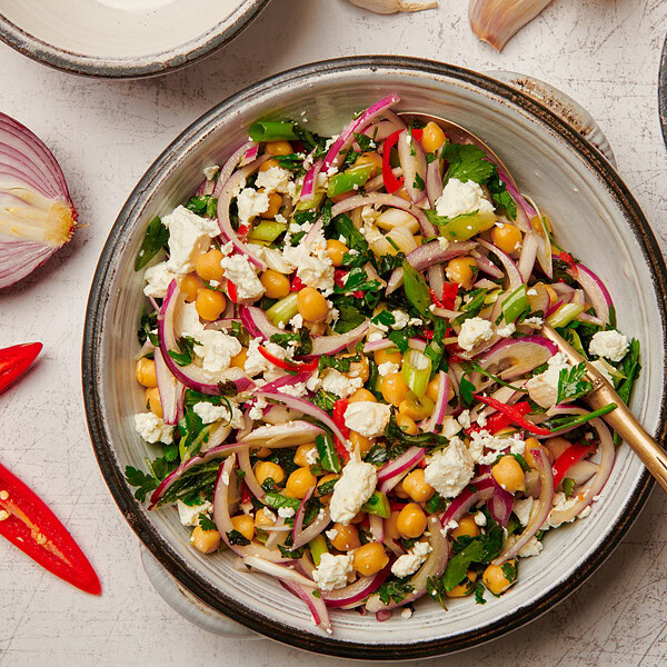 Warm Salad of Chickpeas, Chilli, Feta and Garlic