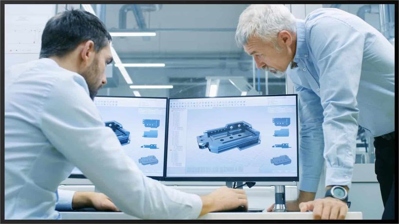 Home 4 Engineers looking at CAD design on computer.