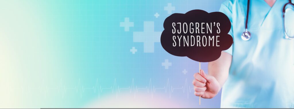 Sjogren's syndrome. Doctor holding sign. Text is in speech bubble