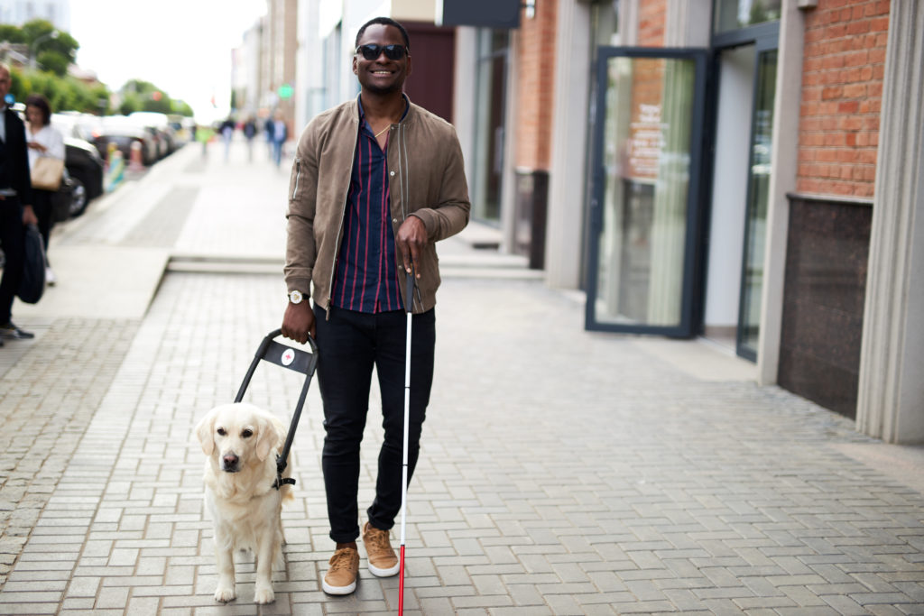 african american disabled blind man with helpful dog