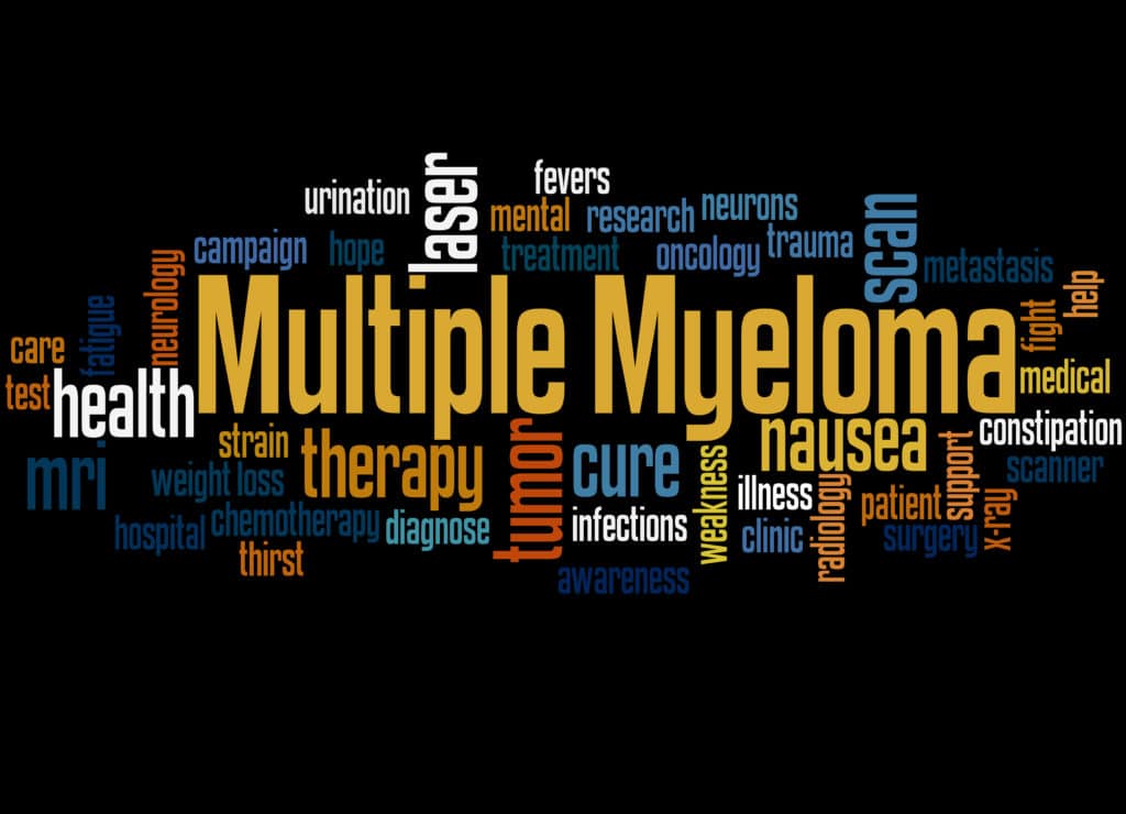 Multiple myeloma word cloud concept on black background.