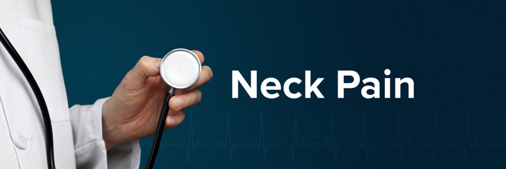 Neck Pain. Doctor in smock holds stethoscope. The word Neck Pain