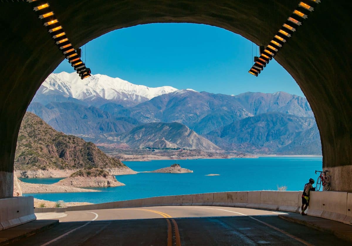 Tunel de Cacheuta, Mendoza. A view of the lake and mountains out pf the tunnel.