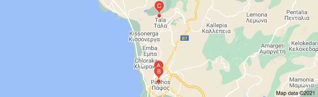 χάρτης της Πάφου-Κύπρου με τα κύρια γραφεία της gap akis express