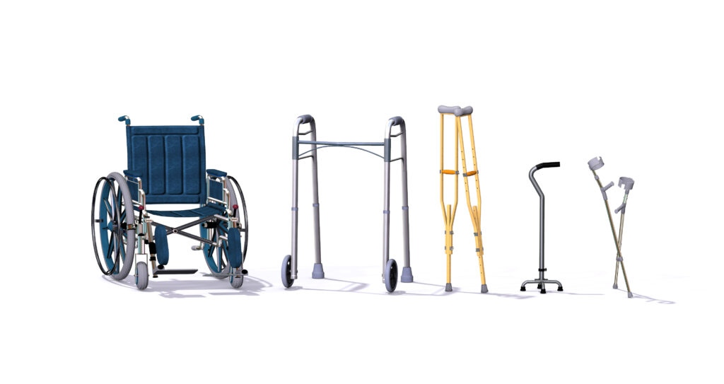 ASSISTIVE DEVICES, A collection of mobility aids including a wheelchair, walker, crutches, quad cane, and forearm crutches - 3d render.