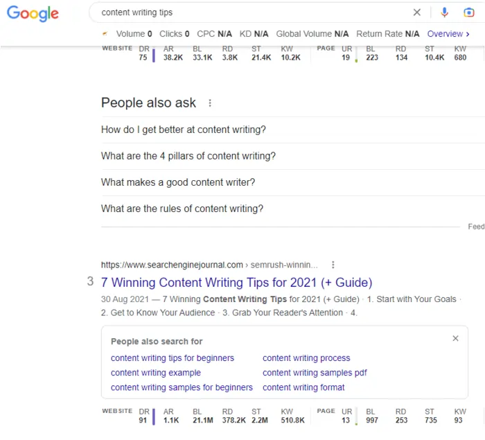 screenshot of search results showing how the search for content writing tips looks like 