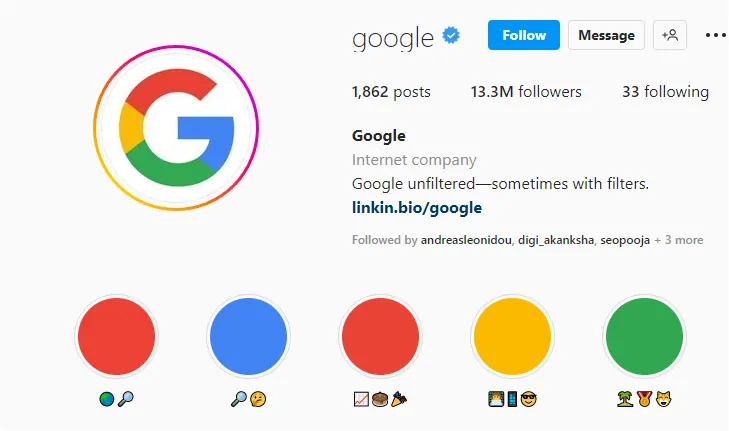 Instagram highlight covers of Google's channel