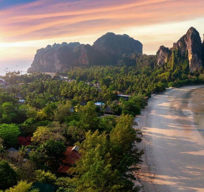 Landscape of Railay beach at sunrise in Krabi, Thailand.
