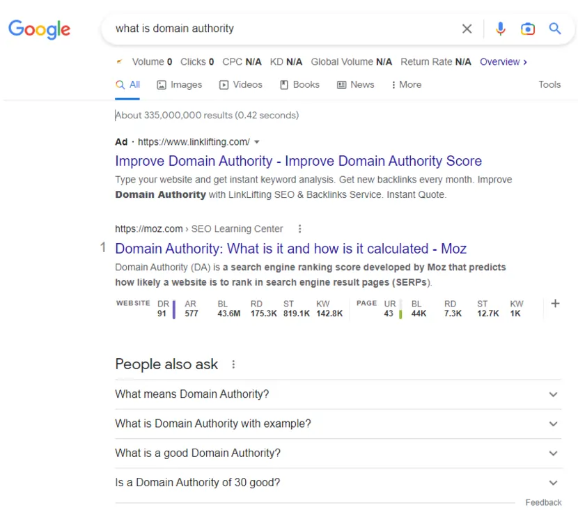 screenshot of search results showing the people also ask snippet