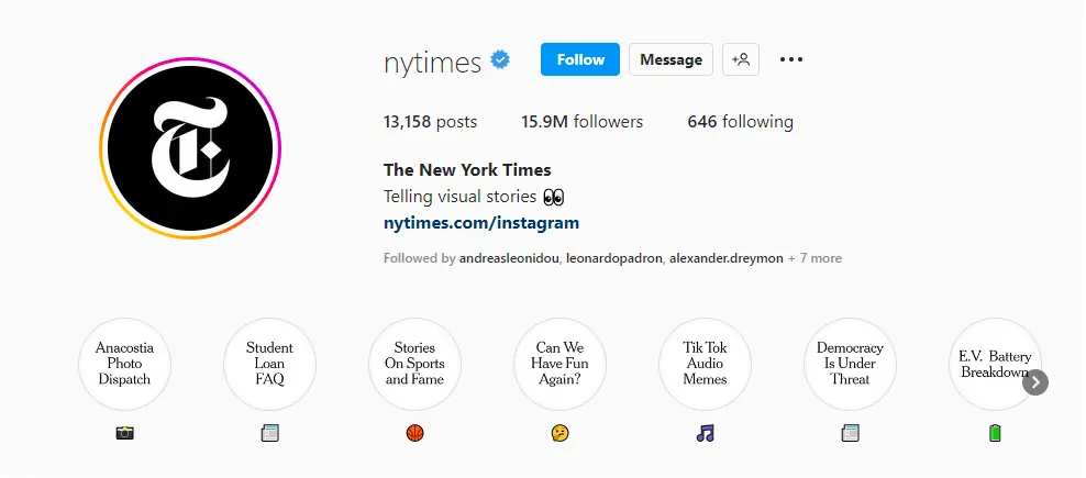 How the new york times uses Instagram highlight covers